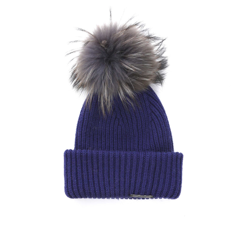 Blue Merino wool, and Raccoon Pom Bobble Hat