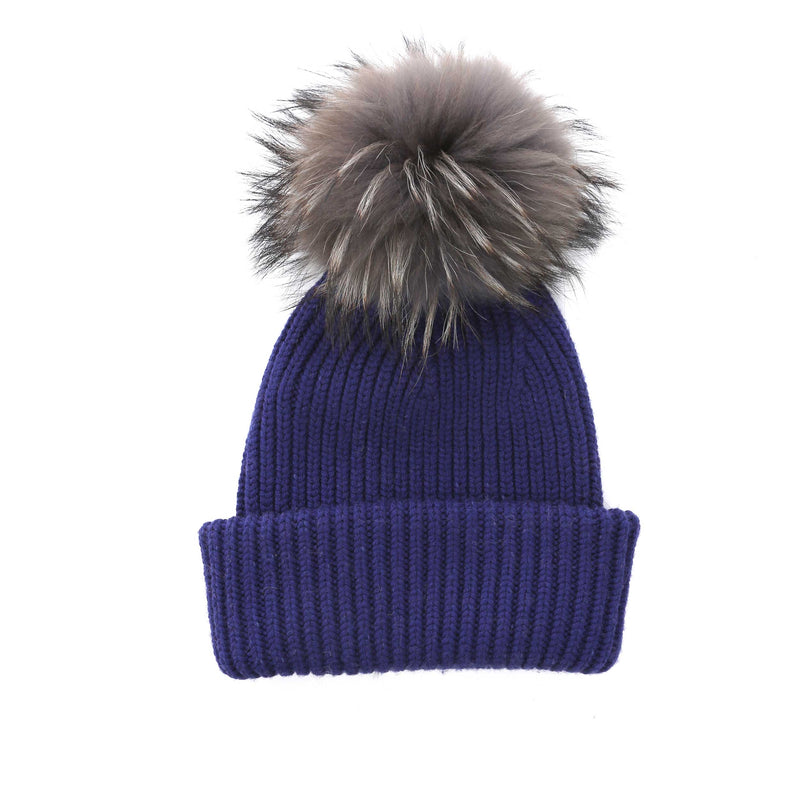 Blue Merino wool, and Raccoon Pom Bobble Hat