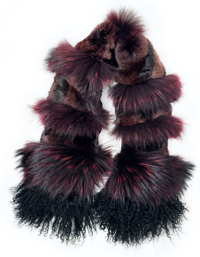 Wine dyed Chinchilla and Racoon scarf with Black Mongolian lamb tassel