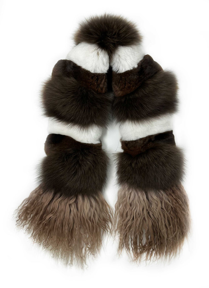 Brown and white chinchilla scarf with fox stripe and Mongolian lamb tassel