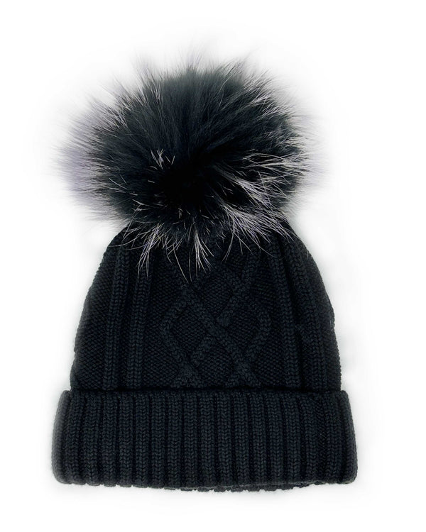 Black merino hat with a racoon 2 tone dyed pom