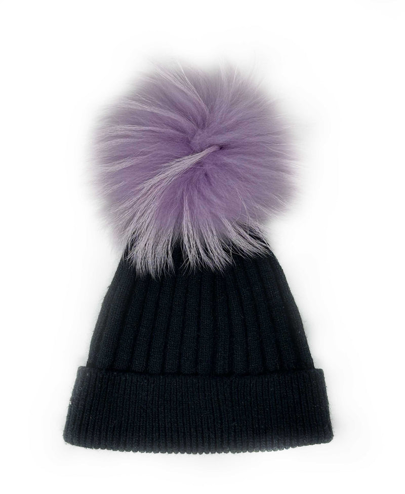 Black cashmere, Angora hat with a racoon 2 tone dyed pom
