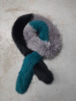 Black, grey and turquoise long stripe fox boa scarf