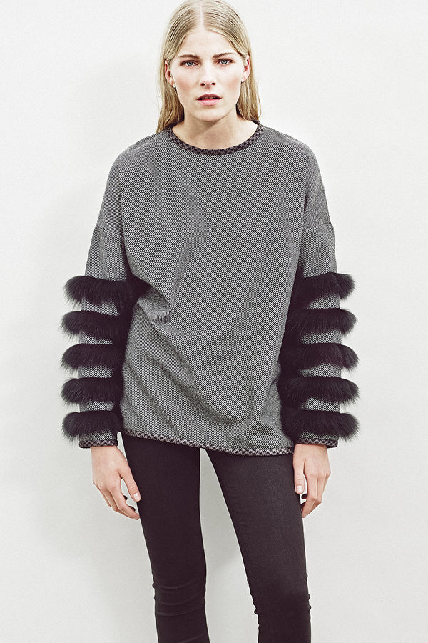 Grey wool tweed jumper with black fox sleeve stripes