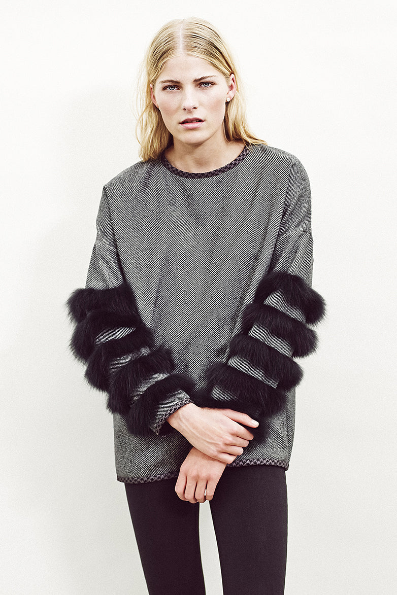 Grey wool tweed jumper with black fox sleeve stripes